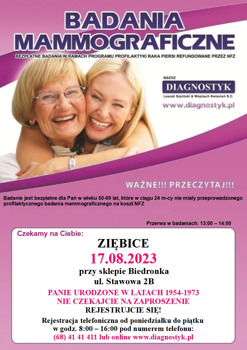 Plakat przedstawia zaproszenie na badanie mammograficzne